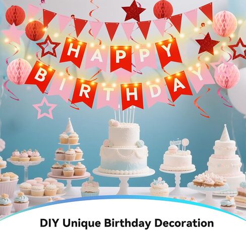Birthday Decorations,Blue Happy Birthday Banner with Fairy lights,Pennant Banner,Honeycomb Balls and Star Hanging Swirls Streamer Happy Birthday Party Decorations for Women Men Boys Girls in Saudi Arabia
