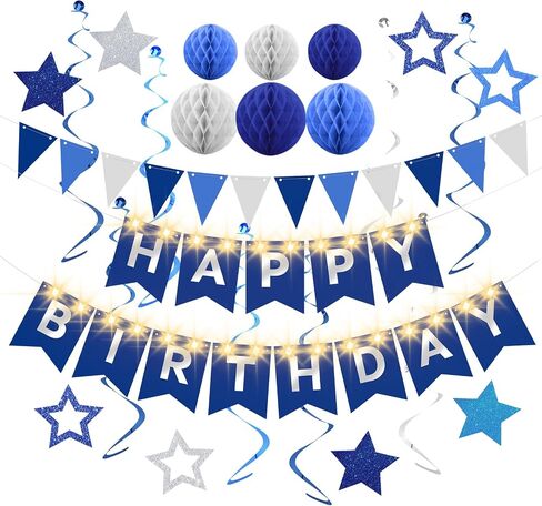 Birthday Decorations,Blue Happy Birthday Banner with Fairy lights,Pennant Banner,Honeycomb Balls and Star Hanging Swirls Streamer Happy Birthday Party Decorations for Women Men Boys Girls in Saudi Arabia