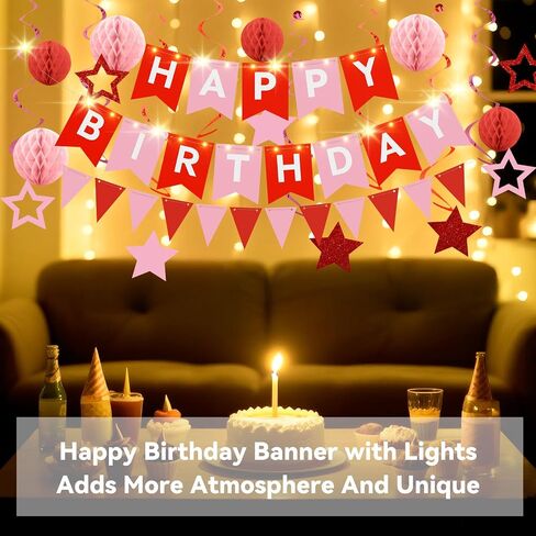 Birthday Decorations,Blue Happy Birthday Banner with Fairy lights,Pennant Banner,Honeycomb Balls and Star Hanging Swirls Streamer Happy Birthday Party Decorations for Women Men Boys Girls in Saudi Arabia