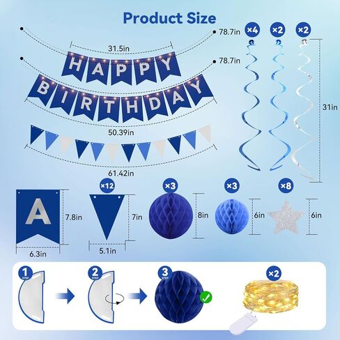 Birthday Decorations,Blue Happy Birthday Banner with Fairy lights,Pennant Banner,Honeycomb Balls and Star Hanging Swirls Streamer Happy Birthday Party Decorations for Women Men Boys Girls in Saudi Arabia