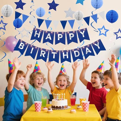 Birthday Decorations,Blue Happy Birthday Banner with Fairy lights,Pennant Banner,Honeycomb Balls and Star Hanging Swirls Streamer Happy Birthday Party Decorations for Women Men Boys Girls in Saudi Arabia