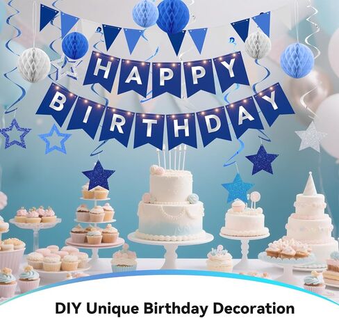 Birthday Decorations,Blue Happy Birthday Banner with Fairy lights,Pennant Banner,Honeycomb Balls and Star Hanging Swirls Streamer Happy Birthday Party Decorations for Women Men Boys Girls in Saudi Arabia