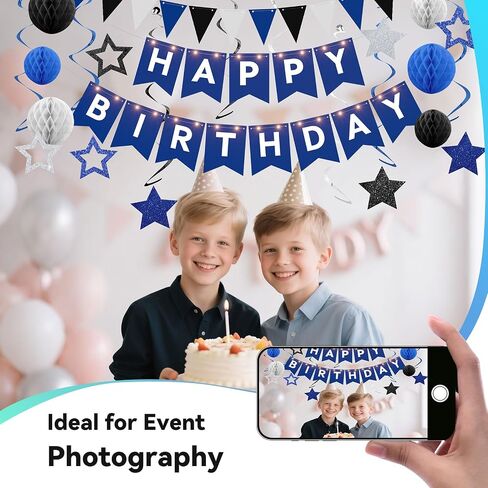 Birthday Decorations,Blue Happy Birthday Banner with Fairy lights,Pennant Banner,Honeycomb Balls and Star Hanging Swirls Streamer Happy Birthday Party Decorations for Women Men Boys Girls in Saudi Arabia