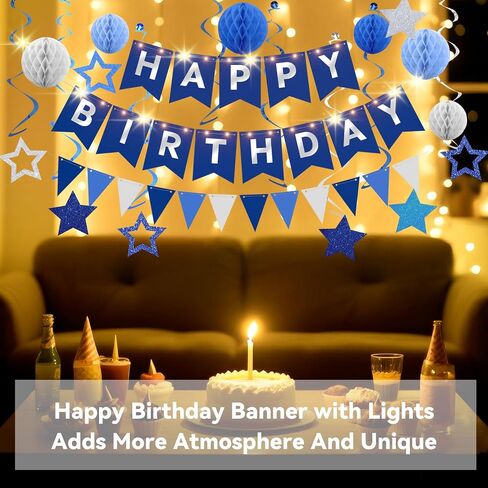 Birthday Decorations,Blue Happy Birthday Banner with Fairy lights,Pennant Banner,Honeycomb Balls and Star Hanging Swirls Streamer Happy Birthday Party Decorations for Women Men Boys Girls in Saudi Arabia