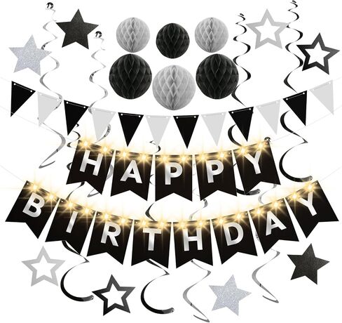 Birthday Decorations,Blue Happy Birthday Banner with Fairy lights,Pennant Banner,Honeycomb Balls and Star Hanging Swirls Streamer Happy Birthday Party Decorations for Women Men Boys Girls in Saudi Arabia