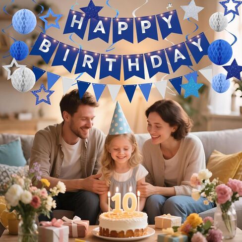 Birthday Decorations,Blue Happy Birthday Banner with Fairy lights,Pennant Banner,Honeycomb Balls and Star Hanging Swirls Streamer Happy Birthday Party Decorations for Women Men Boys Girls in Saudi Arabia