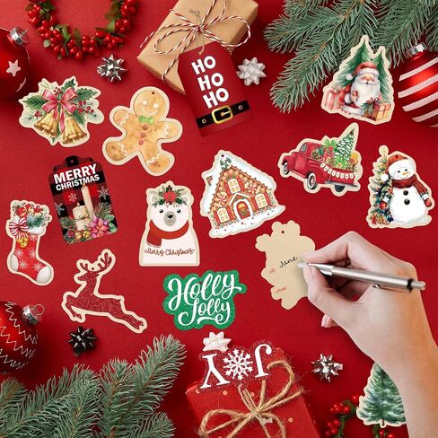 60 PCS عيد الميلاد هدايا مع سلسلة ، عيد الميلاد سانتا اسم هدية العلامات لقضاء العطلات ، بريق براون الورق كرافت هدايا ، ملصقات هدايا عيد الميلاد لعيد الميلاد هدايا التفاف (10 تصميمات متنوعة) in Kuwait