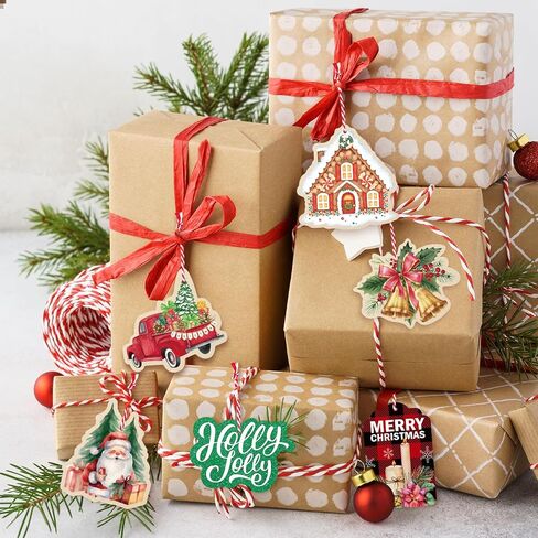 60 PCS عيد الميلاد هدايا مع سلسلة ، عيد الميلاد سانتا اسم هدية العلامات لقضاء العطلات ، بريق براون الورق كرافت هدايا ، ملصقات هدايا عيد الميلاد لعيد الميلاد هدايا التفاف (10 تصميمات متنوعة) in Kuwait