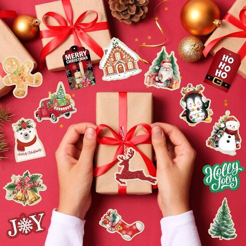 60 PCS عيد الميلاد هدايا مع سلسلة ، عيد الميلاد سانتا اسم هدية العلامات لقضاء العطلات ، بريق براون الورق كرافت هدايا ، ملصقات هدايا عيد الميلاد لعيد الميلاد هدايا التفاف (10 تصميمات متنوعة) in Kuwait