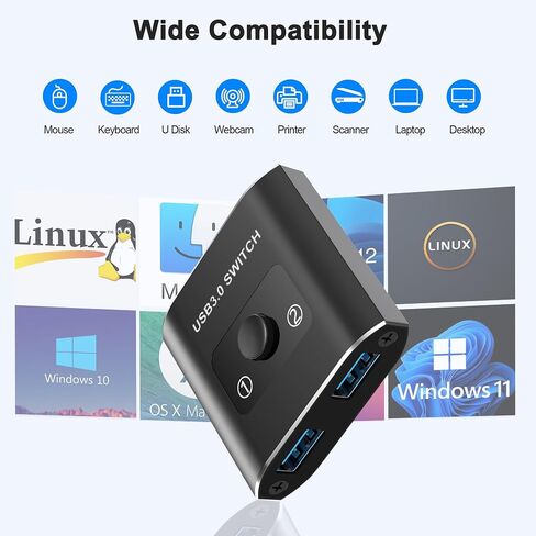 محدد محول USB 3.0، مفتاح USB ثنائي الاتجاه 2 في 1 مخرج / 2 في 1 مخرج، محول USB 2 جهاز كمبيوتر يشارك 1 جهاز USB للطابعة ولوحة المفاتيح والماسح الضوئي والماوس ومحول USB متوافق مع Mac/Win/Linux in Saudi Arabia