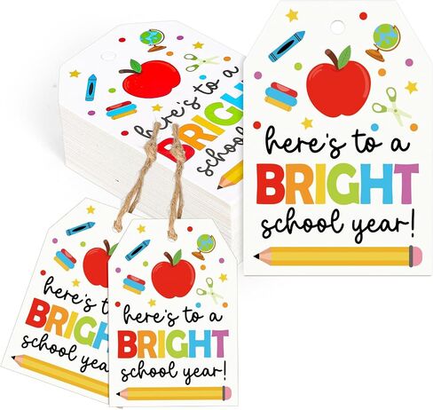 Back to School Paper Gift Tags First Day of School Blank Tags Colored Here's to A Bright Year Hanging Labels with Hemp Rope for Welcome Party Present DIY Crafts, 60 Pcs in Saudi Arabia