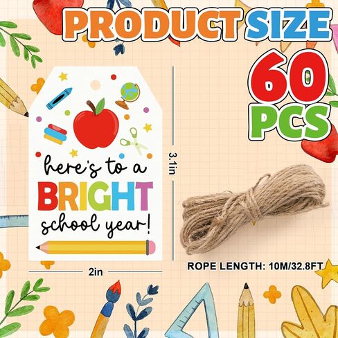 Back to School Paper Gift Tags First Day of School Blank Tags Colored Here's to A Bright Year Hanging Labels with Hemp Rope for Welcome Party Present DIY Crafts, 60 Pcs in Saudi Arabia