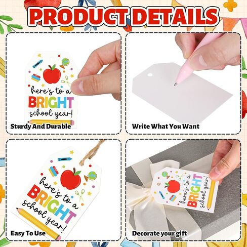 Back to School Paper Gift Tags First Day of School Blank Tags Colored Here's to A Bright Year Hanging Labels with Hemp Rope for Welcome Party Present DIY Crafts, 60 Pcs in Saudi Arabia