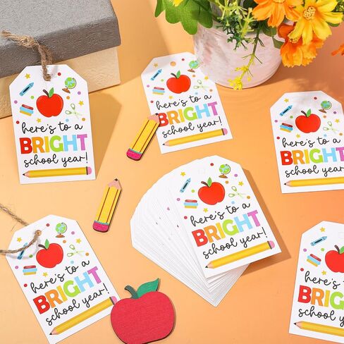 Back to School Paper Gift Tags First Day of School Blank Tags Colored Here's to A Bright Year Hanging Labels with Hemp Rope for Welcome Party Present DIY Crafts, 60 Pcs in Saudi Arabia