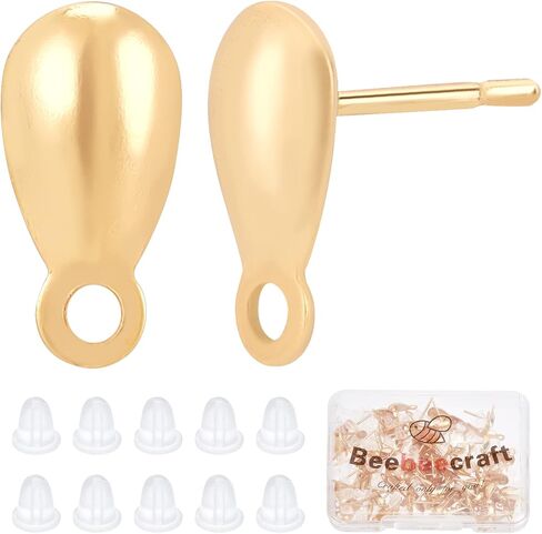 Beebeecraft 100pcs/box 18k gold plated ropring arpring posts teardrop posts stud arocrings with loop and 100pcs plastic roping roping for diy arring mork in Saudi Arabia