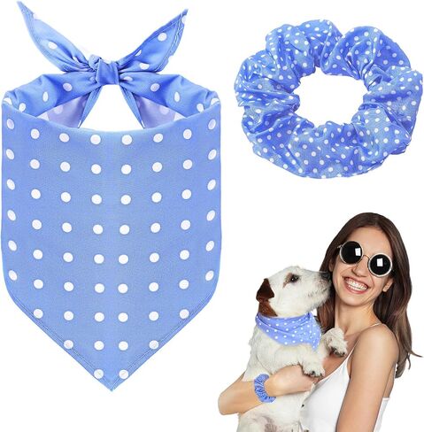 Sanwuta Dog Bandanas & Matching Hair Scrunchie Set Blue Dot Spring Summer Clothes Pet Scarf Bibs Bandana for Owner and Dog Matching Large Medium Puppy in Saudi Arabia