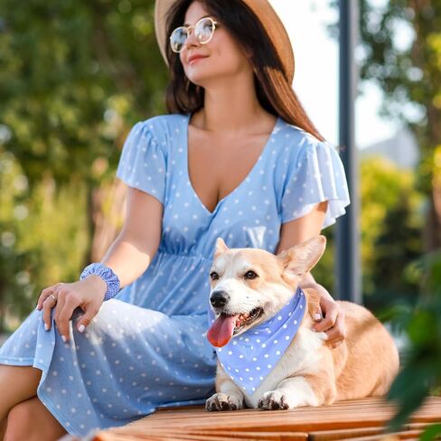 Sanwuta Dog Bandanas & Matching Hair Scrunchie Set Blue Dot Spring Summer Clothes Pet Scarf Bibs Bandana for Owner and Dog Matching Large Medium Puppy in Saudi Arabia