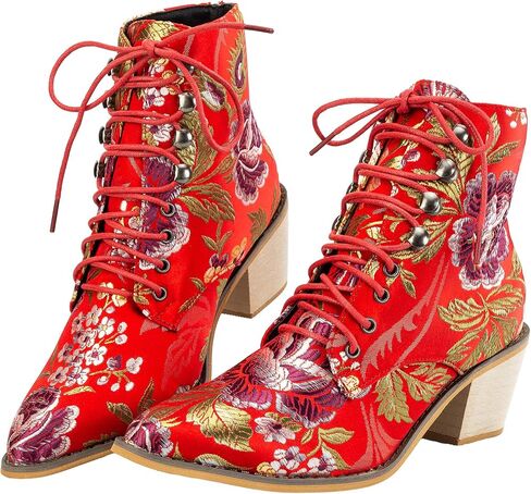 Gets Womens Vintage Floral Embroidered Block Heel Cowboy Boots Heighten Ankle Booties in Saudi Arabia