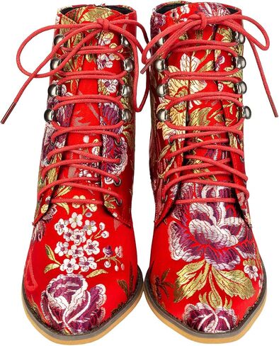Gets Womens Vintage Floral Embroidered Block Heel Cowboy Boots Heighten Ankle Booties in Saudi Arabia