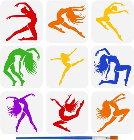 FINGERINSPIRE 9PCS Dancing Woman Stencils for Painting with Brush 5.9x5.9inch Reusable Woman Silhouette Template Hollowed Dance Performance Stencil Plastic PET Character Theme Template for Wall Decor in Saudi Arabia