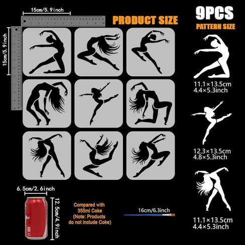 FINGERINSPIRE 9PCS Dancing Woman Stencils for Painting with Brush 5.9x5.9inch Reusable Woman Silhouette Template Hollowed Dance Performance Stencil Plastic PET Character Theme Template for Wall Decor in Saudi Arabia