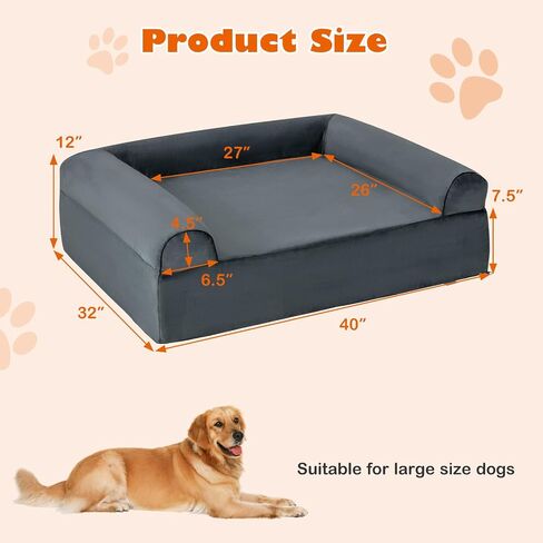 Giantex Cooling Gel Dog Bed for Large Dogs, 40" L Memory Foam Dog Sofa Bed with Washable Cover, Removable Bolsters, Non-Slip Bottom, Pet Couch Dog Crate Mat for Puppies Dogs up to 95 lbs (Gray) in Saudi Arabia