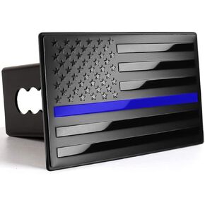 American Flag Metal Trailer Hitch Cover (Fits 2" Receiver, Black with Thin Blue Line)