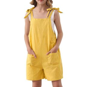 Girls Romper Sleeveless Adjustable Tie-Up Strap Short Jumpsuits Summer Clothes with Pocket 5-12 years