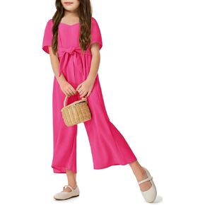 Haloumoning Girls Romper Kids Fashion Square Neck Short Sleeve Wide Leg Pants Jumpsuit with Pockets 7-14 Years