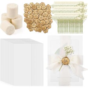 Fuyoooo 50 Sets Wedding Invitations Wraps Set Pre Folded Vellum Jackets for 5 x 7 Invitations Self Adhesive Gold Wax Seal Stickers Dried Baby's Breath Flowers Chiffon Silk Ribbon for Craft DIY