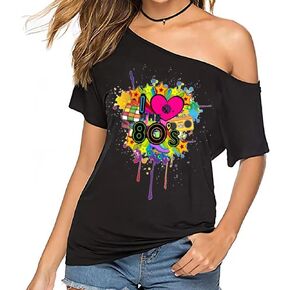Women's Casual Sexy Off Shoulder Tops Lips Print T Shirts, 80s 90s Neon Outfit Short Sleeve Oversized Party Costumes