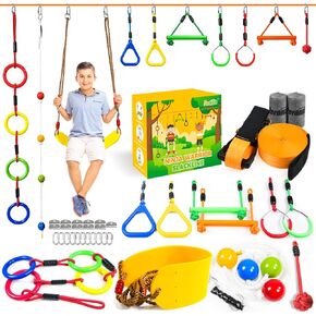 Ninja Warrior Obstacle Course for Kids-52ft Ninja Slackline with 10 Accessory-Slackline Obstacle Course-Swing, Climb Circle, Climb Rope Ball