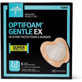 Medline Optifoam Gentle EX Bordered Foam Adhesive Dressing, 7" x 7" Sacral (5 Count)