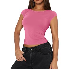 Bloggerlove Womens Sexy Crew Neck Backless Crop Tops 2024 Short Sleeve Slim Fit T-Shirts Basic Y2K Cami Tops