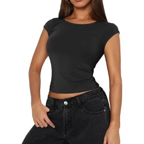 Bloggerlove المرأة مثير طاقم الرقبة عارية الذراعين المحاصيل القمم 2024 قصيرة الأكمام سليم صالح تي شيرت الأساسية Y2K كامي القمم in Kuwait