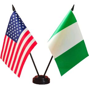America & Nigeria Friendship Twin Desk Flag, US Nigeria Table Flags, 8 x 5 Inches American & Nigerian Deluxe Desk Flag Set - Miniature USA & Nigeria Stick Flag with Flag Stand