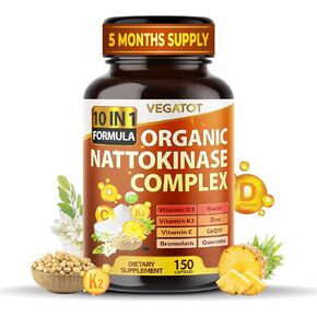 VEGATOT Organic Nattokinase Complex 7,500mg - 10IN1 Formula Vitamin D3, Niacin, Vitamin K2, Zinc, CoQ10, Quercetin - Made in The USA (150 Count (Pack of 1))