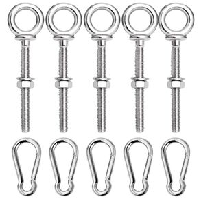 5 Pack M6 Eye Bolt, Eye Bolts with Nuts & Washers & Carabiners, 316 Stainless Steel Eye Bolt Heavy Duty, Marine Grade Threaded Eyebolts.