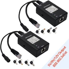 2-Pack Active Gigabit PoE Splitter Adapter with Multi-Size Tips, IEEE 802.3af Compliant, up to 100 Meters (328 Feet), DC 5V/9V/12V Power Output for IP Camera AP Voip Phone and More
