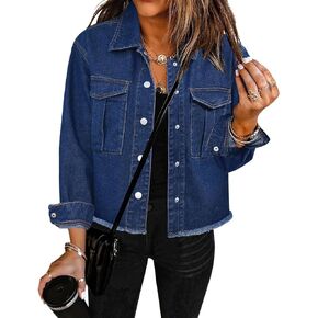 luvamia Jean Jacket Women Trendy Oversized Denim Jacket Raw Hem Long Sleeves Fashion Casual Jackets Shacket with Pockets