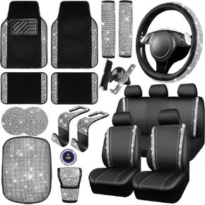 CAR PASS 23 PCS Bling Car Accessories Set for Women, Leather Car Seat Covers Full Set Sparkly Rhinestone15'' Steering Wheel Covers Shining Diamond Car Floor Mats Cute Car Interior Sets, Silver Diamond