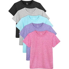 تي شيرت بناتي مناسب للجفاف مكون من 5 قطع، تي شيرت للأطفال برقبة دائرية، تي شيرت رياضي نشط للأداء الرياضي، قميص يومي كاجوال للأطفال in Kuwait