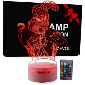 Spiderman Toys Kids Night Light Superhero Christmas Gift Birthday 3D Illusion Lamp for Kid Girl Boy Web Shooter 7 Color Remote Control