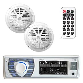 Pyle Marine Headunit Receiver Speaker Kit - In-Dash LCD Digital Stereo Built-in Bluetooth & Microphone w/ AM FM Radio System 5.25’’ Waterproof Speakers (2) MP3/SD Readers & Remote Control-PLMRKT46BK
