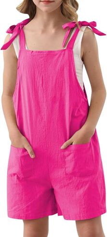 Girls Romper Sleeveless Adjustable Tie-Up Strap Short Jumpsuits Summer Clothes with Pocket 5-12 years in Saudi Arabia