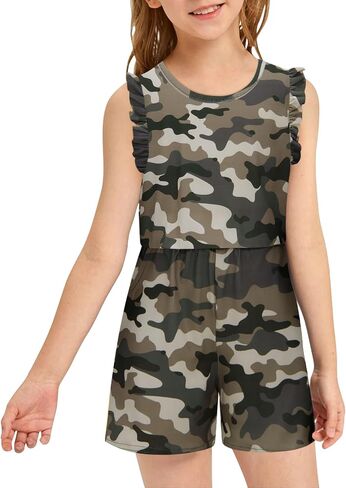 Girls Jumpsuits Rompers Ruffle Sleeve Romper Shorts with Pockets Summer One Piece Playsuit Outfits for Girl 6-13 Years in Saudi Arabia