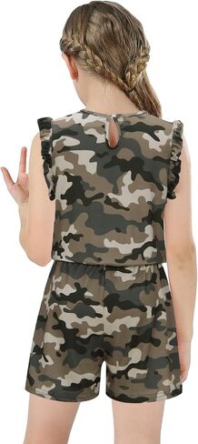 Girls Jumpsuits Rompers Ruffle Sleeve Romper Shorts with Pockets Summer One Piece Playsuit Outfits for Girl 6-13 Years in Saudi Arabia