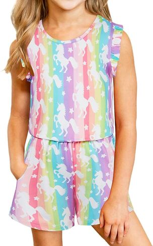 Girls Jumpsuits Rompers Ruffle Sleeve Romper Shorts with Pockets Summer One Piece Playsuit Outfits for Girl 6-13 Years in Saudi Arabia