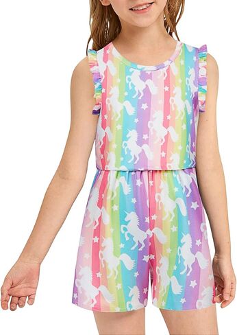 Girls Jumpsuits Rompers Ruffle Sleeve Romper Shorts with Pockets Summer One Piece Playsuit Outfits for Girl 6-13 Years in Saudi Arabia