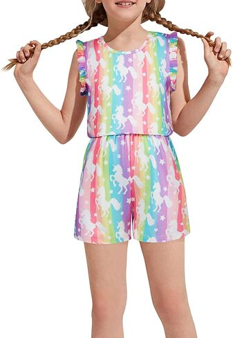 Girls Jumpsuits Rompers Ruffle Sleeve Romper Shorts with Pockets Summer One Piece Playsuit Outfits for Girl 6-13 Years in Saudi Arabia